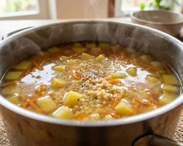 Gorąca zupa na rosole, parująca z garnka, z ziemniakami, marchewką i drobnym makaronem. Idealna na chłodny dzień.