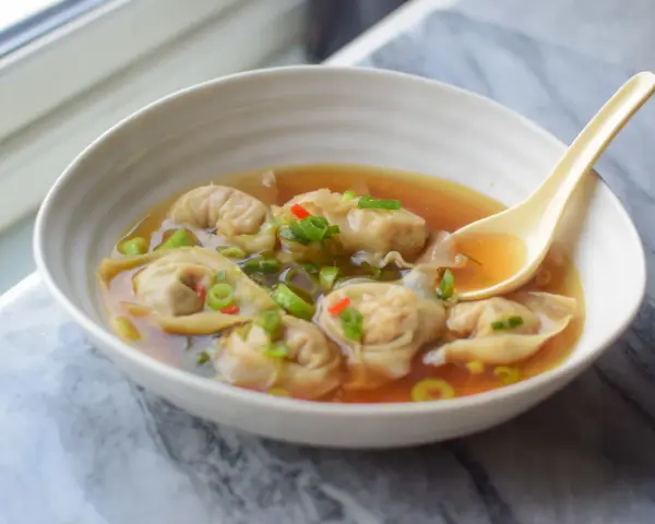 Aksamitna zupa wonton z kawałkami chili i szczypiorku, gotowa do nabrania łyżką.