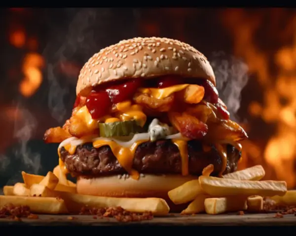 Soczysty burger z frytkami i serem, polany ketchupem i sosem amerykańskim. Gorący, parujący przysmak.
