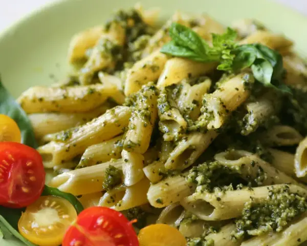 Penne z pesto i pomidorkami koktajlowymi. Pyszny obiad bez mięsa, idealny na szybki posiłek.