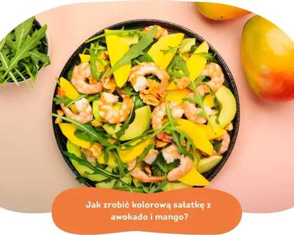 Kolorowa sałatka z awokado, krewetkami i mango. Aromatyczna rukola i orzechy dodają jej charakteru.