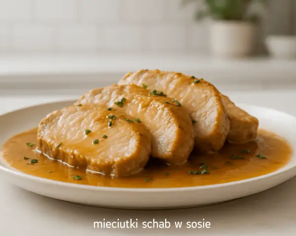 Cztery plastry mięciutkiego schabu w aromatycznym sosie, posypane szczypiorkiem, na białym talerzu.
