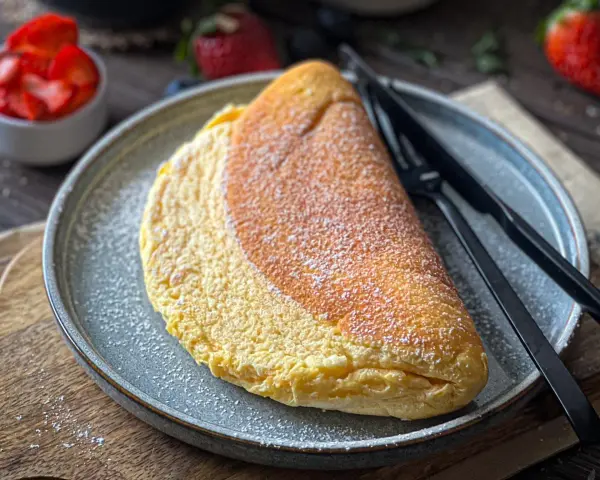 Puszysty omlet, idealny na śniadanie. Ten przepis na puszysty omlet zachwyci każdego. Podany z cukrem pudrem i truskawkami.