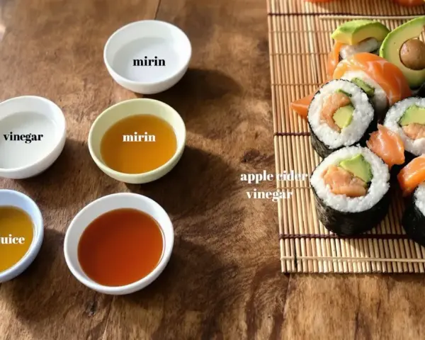 Zastanawiasz się, czym zastąpić ocet ryżowy? Na stole widzisz miseczki z octem, mirinem, sokiem z cytryny i sosami, a obok sushi.