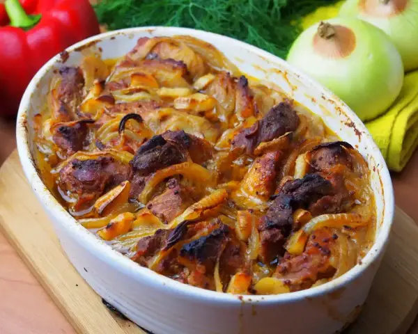 Pyszne danie z łopatki na szybko, zapiekane z cebulą w białym naczyniu. Obok papryka, cebule i koperek.