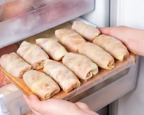 Ręce wkładają deskę z surowymi gołąbkami do zamrażarki. Tak, gołąbki można mrozić!