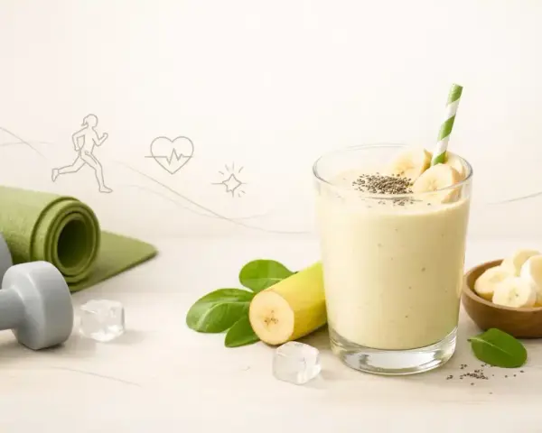 Zdrowy koktajl bananowy z nasionami chia, idealny po treningu. Obok leżą hantle i mata do ćwiczeń.