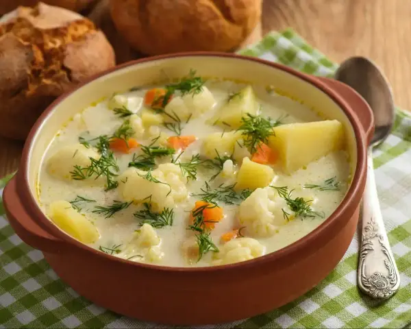 Aksamitna zupa kalafiorowa jak u babci, pełna ziemniaków, marchewki i koperku. Idealna na chłodne dni.