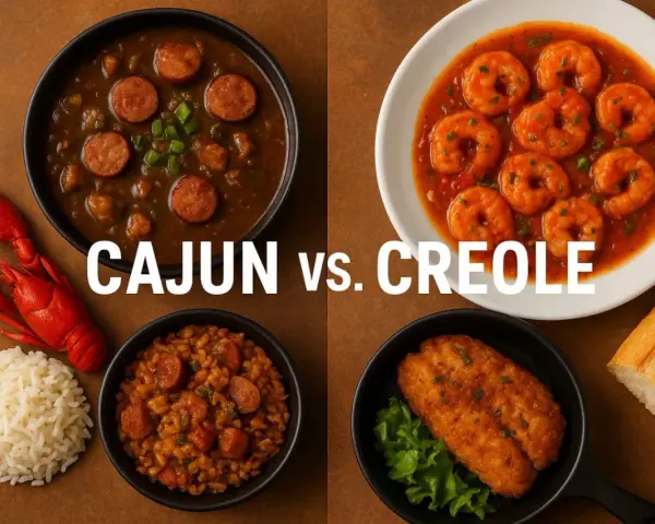 Cajun vs. Creole: miseczka gęstego gumbo z kiełbasą, krewetki w sosie, ryż i smażona ryba.