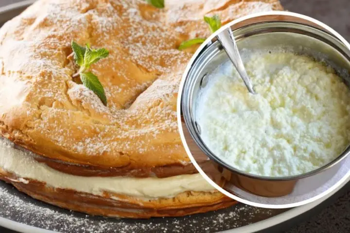 Jak uratować zwarzony krem z mascarpone? Na zdjęciu ciasto z kremem i garnek z masą, która może wymagać poprawy.