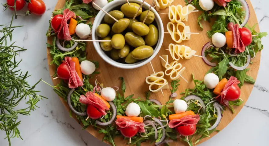 Kolorowe przekąski na desce: szaszłyki z pomidorkami, mozzarellą, salami i rukolą, oliwki i serowe zawijasy. Idealne finger food na imprezę.
