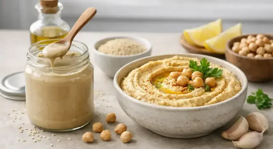 Pyszny hummus z ciecierzycy i tahini, podany z cytryną, czosnkiem i oliwą. Tahini co to? To pasta sezamowa, kluczowy składnik tej bliskowschodniej pasty.
