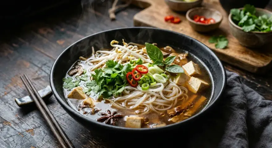 Parująca miska pho z tofu, kiełkami, kolendrą i chili. Aromatyczny bulion i makaron ryżowy zachęcają do spróbowania.