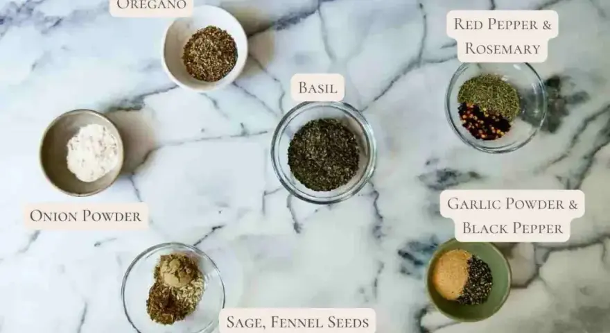 Idealne jakie przyprawy do spaghetti: oregano, bazylia, czosnek, cebula, rozmaryn, tymianek, nasiona kopru, pieprz i płatki chili.