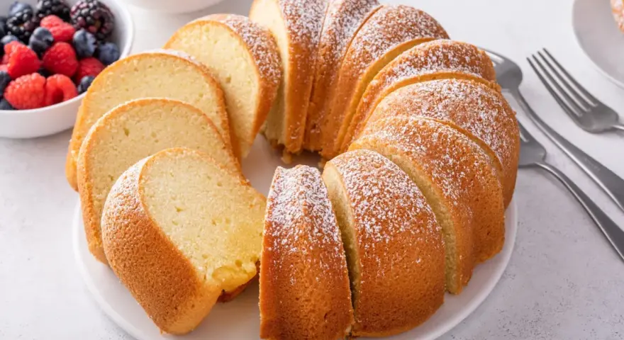 Pyszna babka piaskowa, przepis sprawdzony, posypana cukrem pudrem, obok miseczka z owocami leśnymi i widelce.
