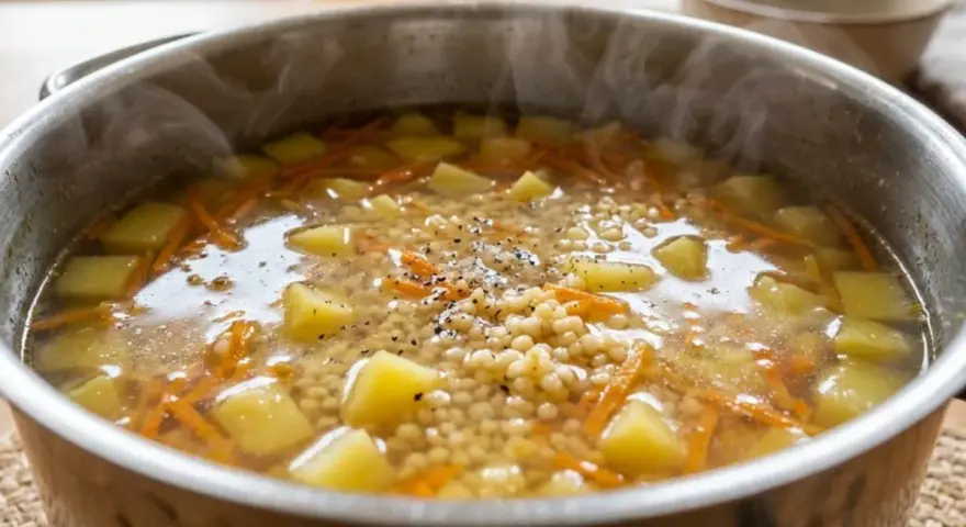 Gorąca zupa na rosole, parująca z garnka, z ziemniakami, marchewką i drobnym makaronem. Idealna na chłodny dzień.