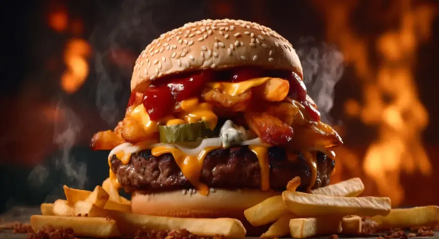 Soczysty burger z frytkami i serem, polany ketchupem i sosem amerykańskim. Gorący, parujący przysmak.