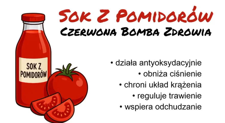 Sok pomidorowy jest zdrowy! Działa antyoksydacyjnie, obniża ciśnienie, chroni serce, reguluje trawienie i wspiera odchudzanie.