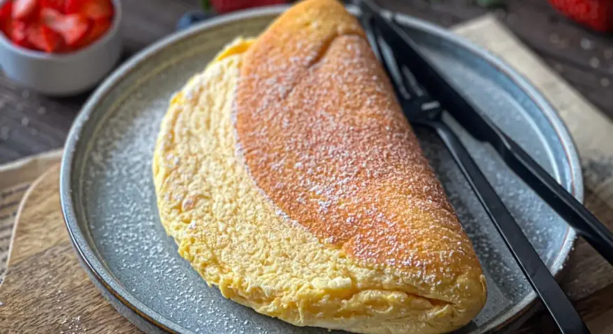 Puszysty omlet, idealny na śniadanie. Ten przepis na puszysty omlet zachwyci każdego. Podany z cukrem pudrem i truskawkami.