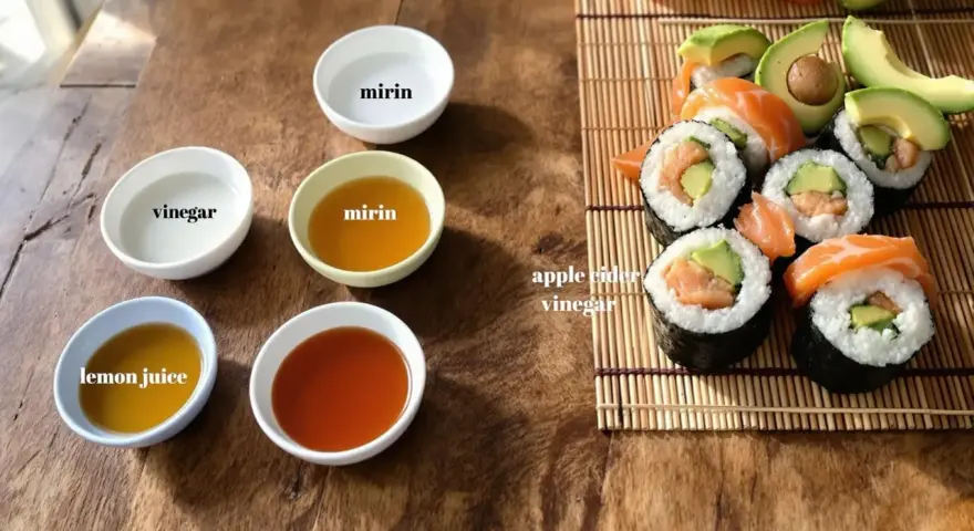 Zastanawiasz się, czym zastąpić ocet ryżowy? Na stole widzisz miseczki z octem, mirinem, sokiem z cytryny i sosami, a obok sushi.