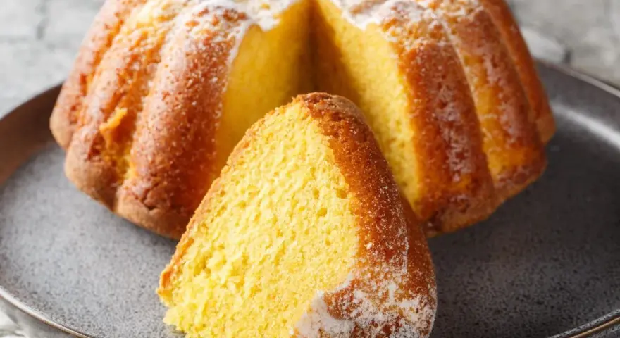 Puszysta babka na maślance, oprószona cukrem pudrem, z wyciętym kawałkiem na talerzu.