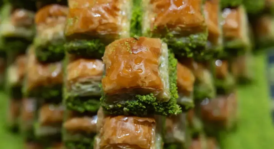 Słodka baklava, co to za przysmak? Warstwy ciasta filo, orzechów i syropu, posypane zielonymi pistacjami.