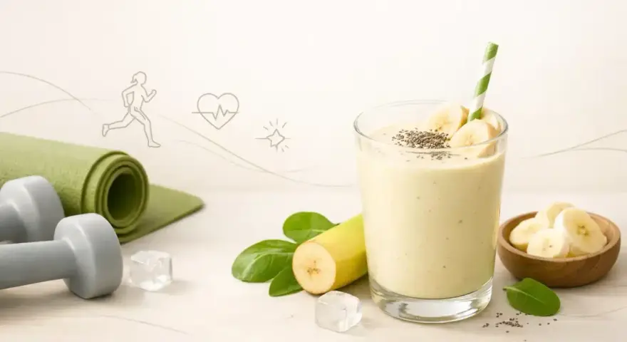 Zdrowy koktajl bananowy z nasionami chia, idealny po treningu. Obok leżą hantle i mata do ćwiczeń.