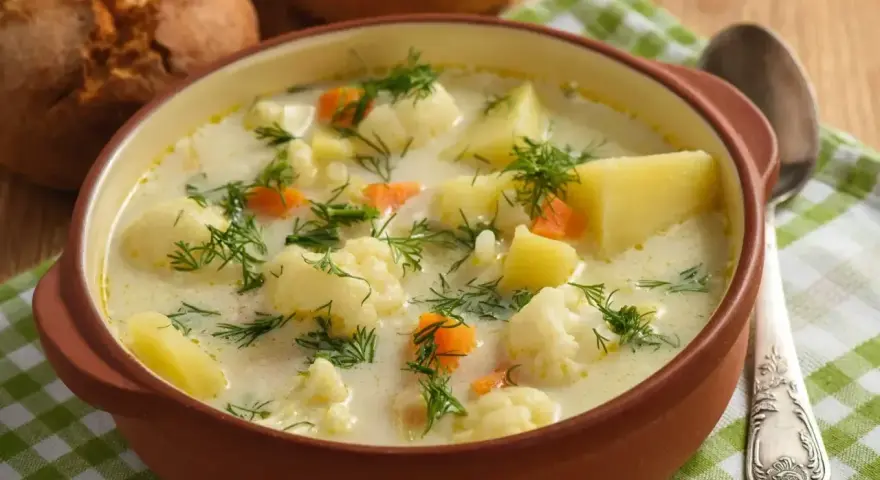 Aksamitna zupa kalafiorowa jak u babci, pełna ziemniaków, marchewki i koperku. Idealna na chłodne dni.