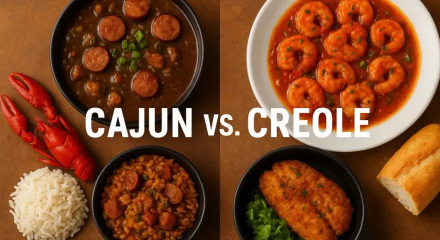Cajun vs. Creole: miseczka gęstego gumbo z kiełbasą, krewetki w sosie, ryż i smażona ryba.