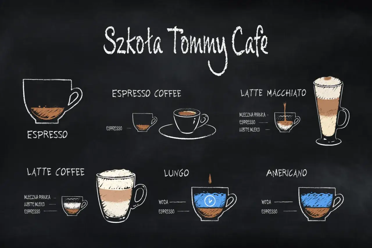 Szkoła Tommy Cafe prezentuje: espresso, latte coffee, lungo, americano. Rysunki pokazują składniki, w tym kawę z mlekiem.