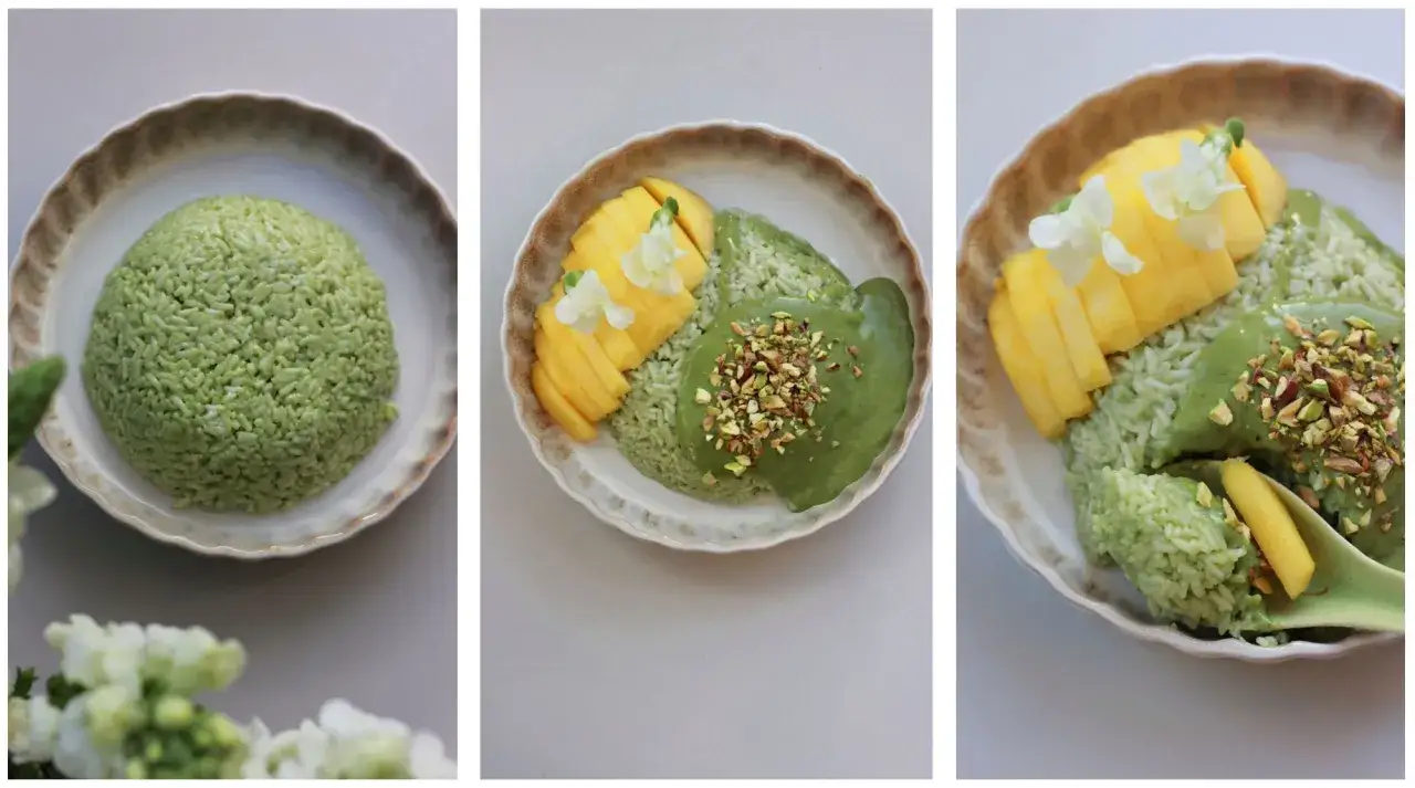 Zielony ryż z mango i pistacjami, smakowity deser, który pokazuje, co to matcha.