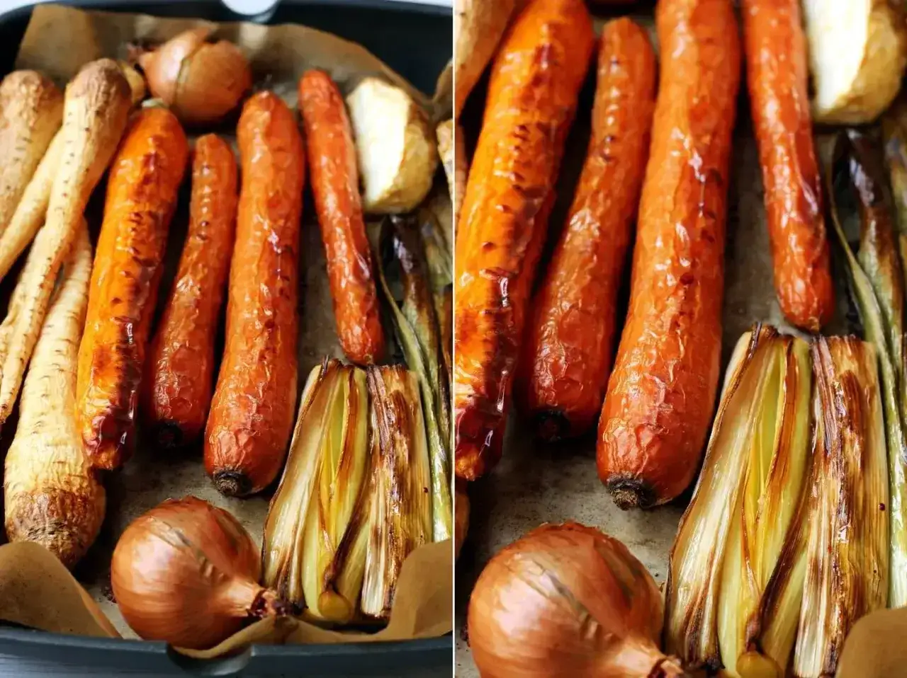 Pieczone warzywa: marchewki, pasternak, cebula i por, gotowe do przygotowania aromatycznego rosół z pieczonych warzyw.