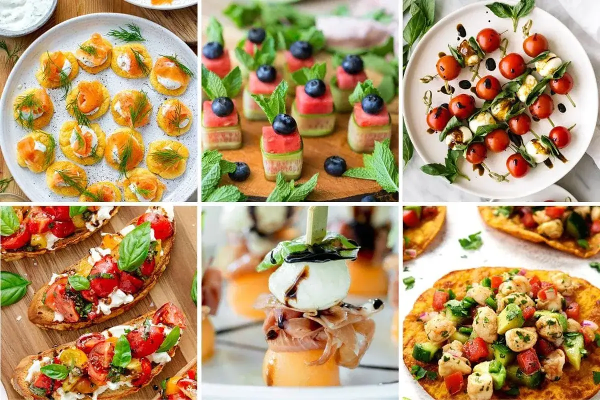 Kolorowe przekąski na grilla: mini tartinki z łososiem, szaszłyki z arbuza i ogórka, caprese na patyku, bruschetta, melon z mozzarellą i prosciutto, quesadillas z kurczakiem.