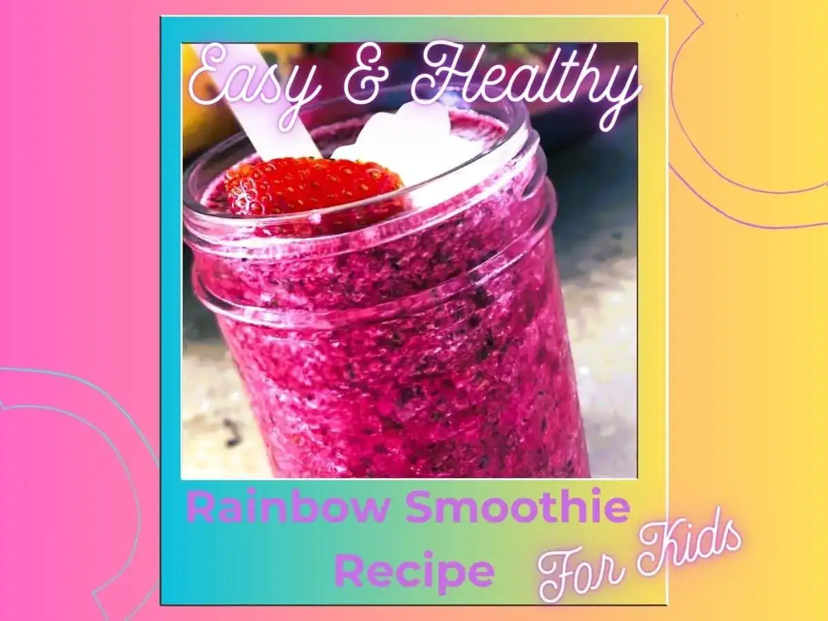 Kolorowy smoothie z truskawką na wierzchu. Proste i zdrowe smoothie przepisy dla dzieci.