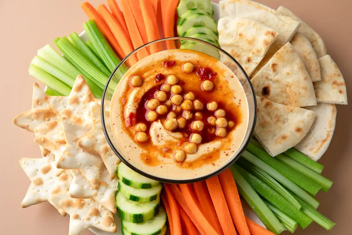 Humus co to? Kremowy hummus z ciecierzycą i papryką, podany z chlebkiem pita, warzywami i krakersami w kształcie gwiazdek.
