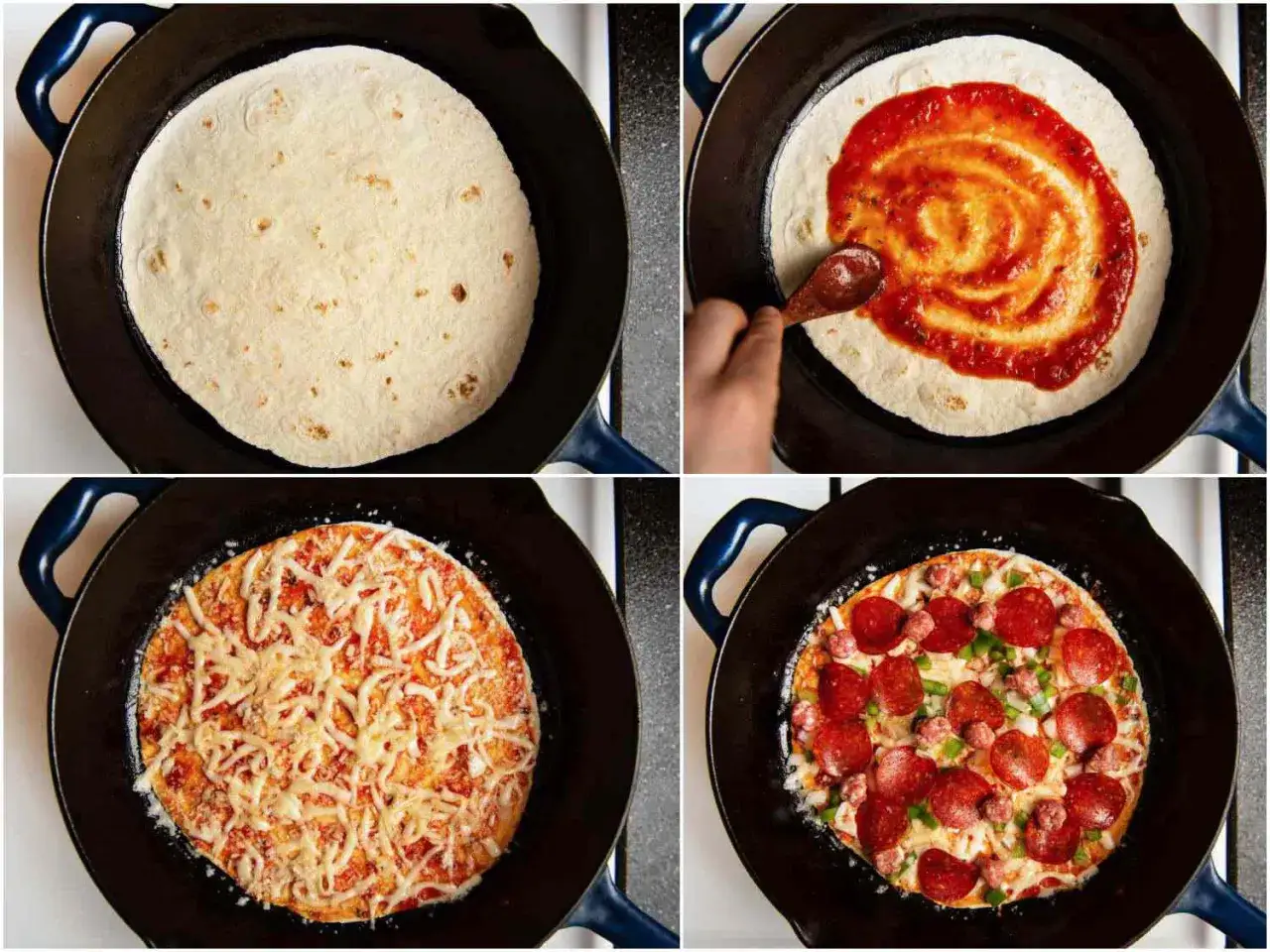Szybkie przygotowanie pizzy z tortilli na patelni: od sosu, przez ser, po dodatki z pepperoni i papryką.