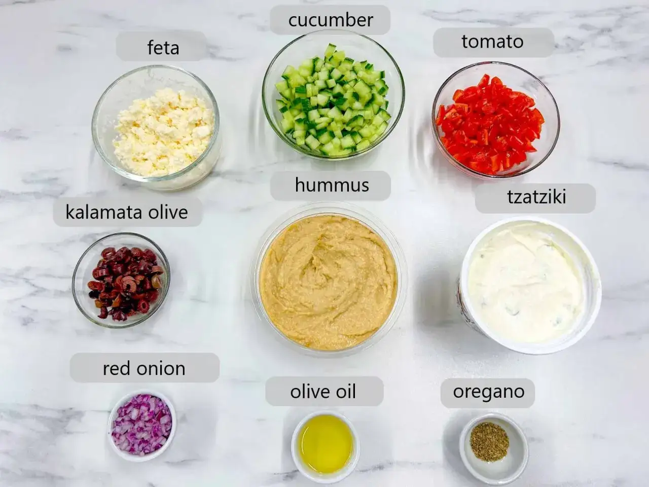 Składniki na pyszny sos grecki: feta, pomidor, ogórek, oliwki, czerwona cebula, hummus, tzatziki, oliwa z oliwek i oregano.