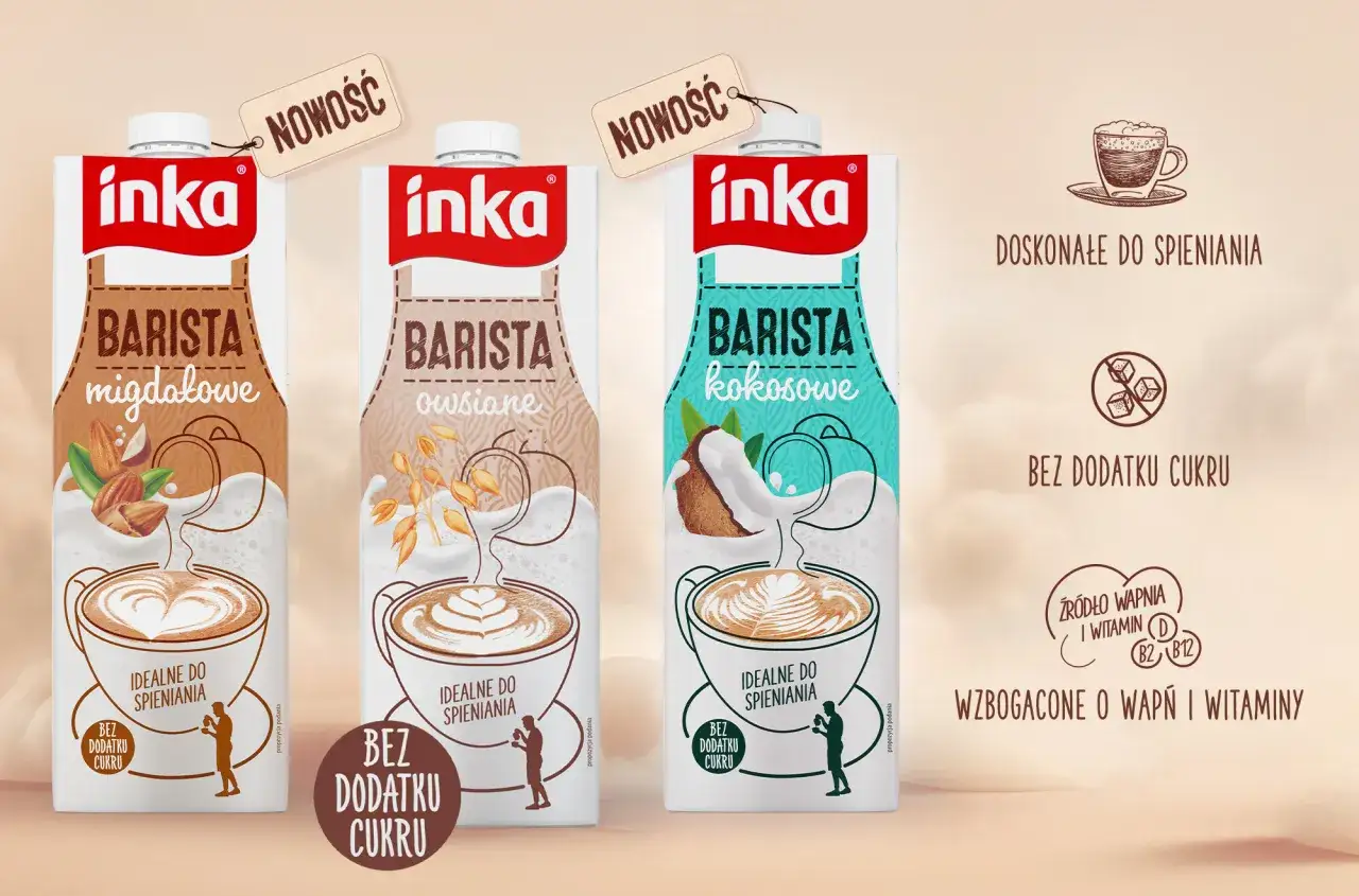 Trzy kartony napojów Inka Barista: migdałowy, owsiany i kokosowy. Idealne do spieniania, bez dodatku cukru.