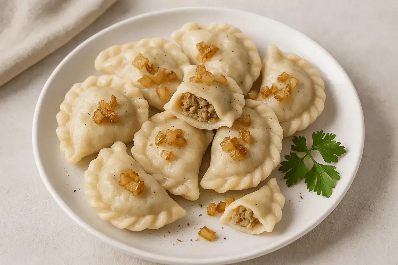 Pielmieni co to? Pyszne pierogi z mięsem, posypane skwarkami, na białym talerzu.