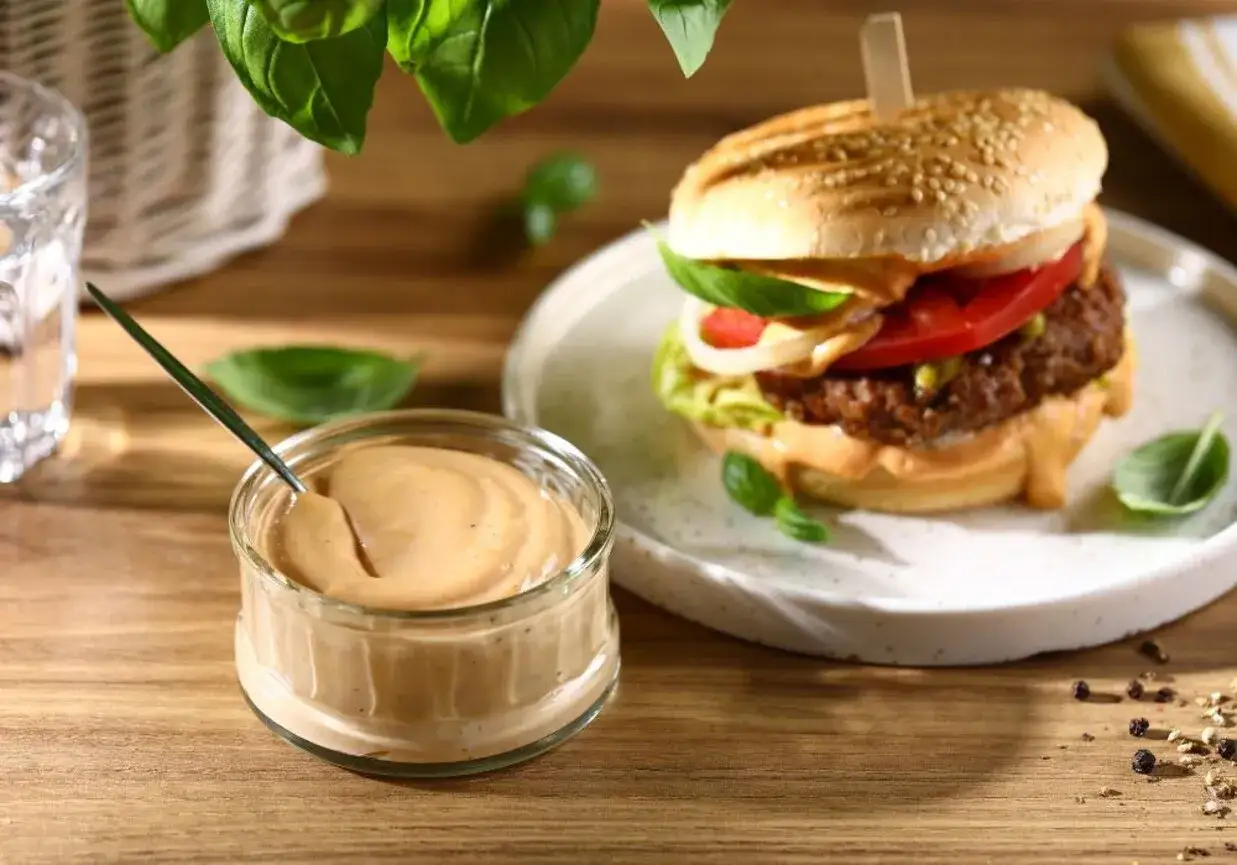 Pyszny burger z soczystym kotletem i świeżymi dodatkami, obok miseczka kremowego sosu amerykańskiego. Idealny duet na lunch.