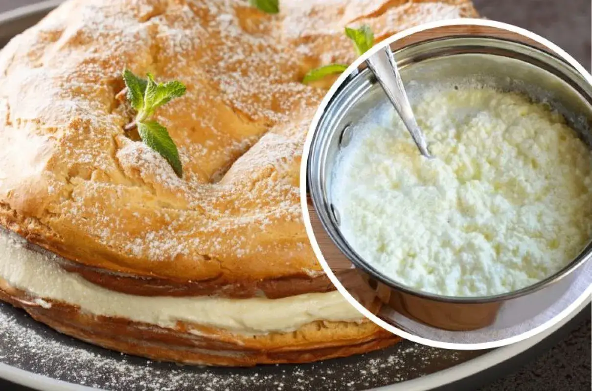 Jak uratować zwarzony krem z mascarpone? Na zdjęciu tort z kremem i garnek z masą, która może być uratowana.