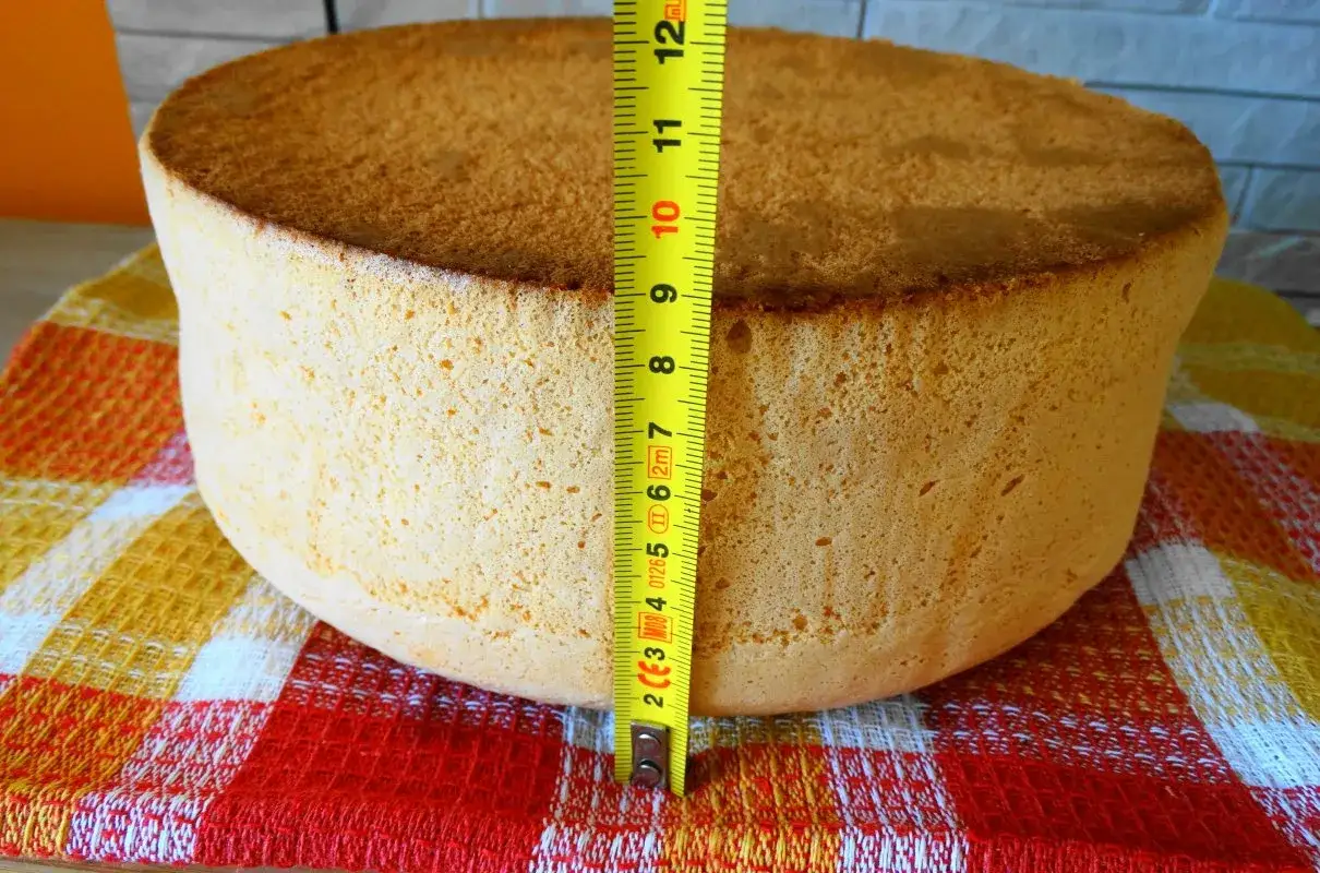 Puszysty biszkopt z 10 jaj, mierzący ok. 10 cm wysokości, prezentuje się apetycznie na kolorowym ręczniku.