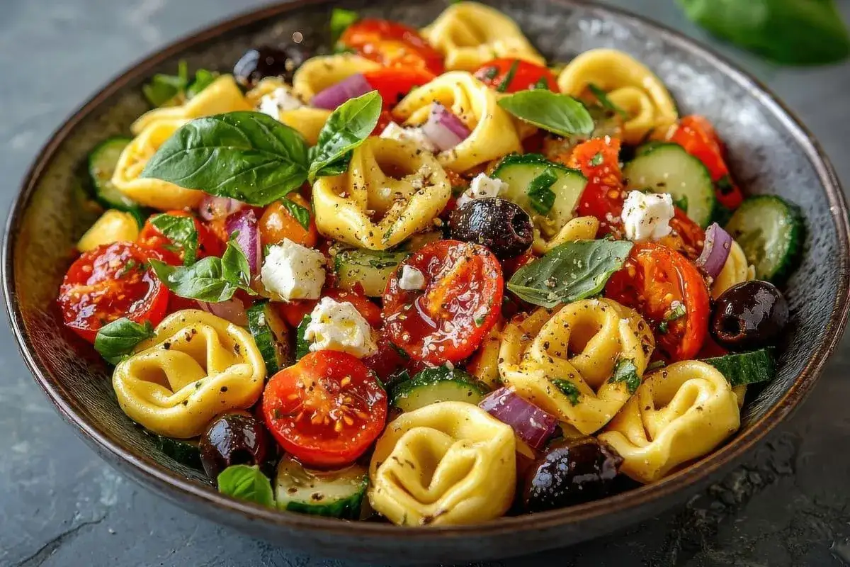 Najlepsza sałatka z tortellini: makaron, pomidorki, ogórek, oliwki, ser feta i świeża bazylia.